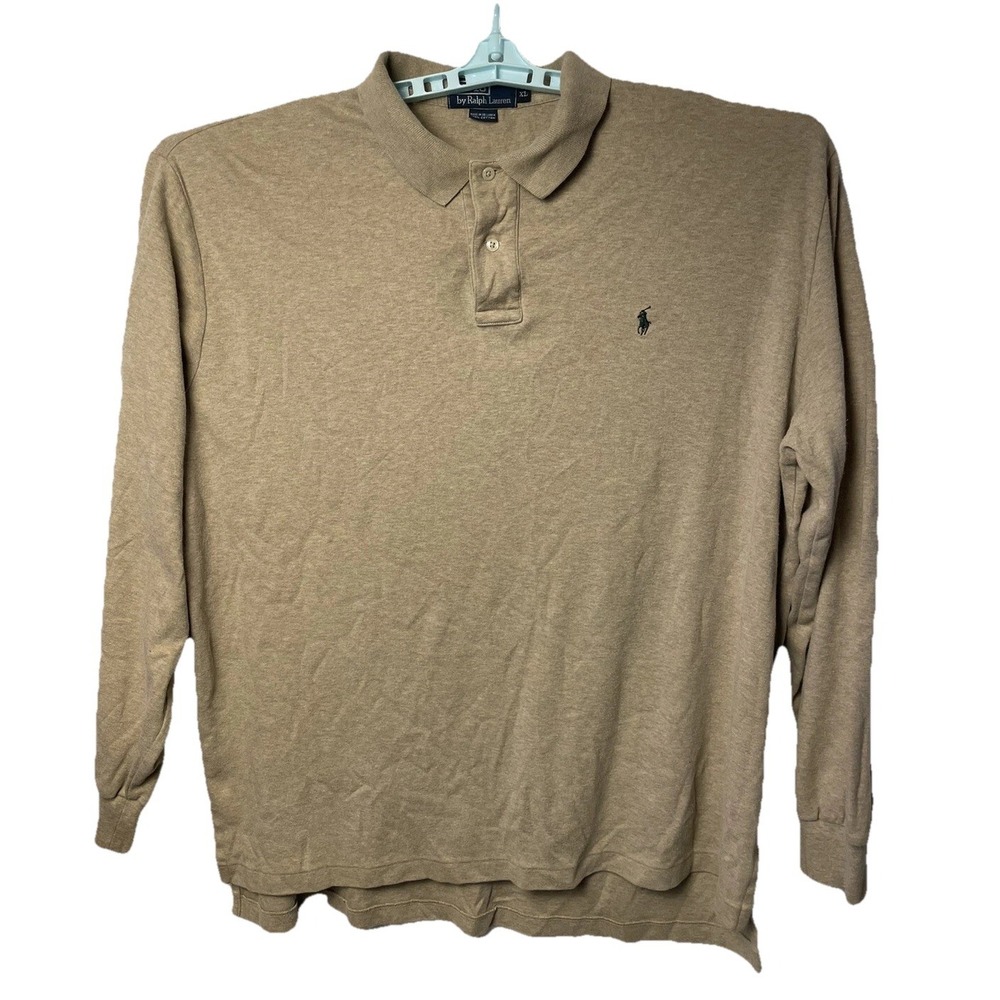 POLO RALPH LAUREN Tan PIQUE Embroidered Logo 2-BUTTON Long Sleeve POLO SHIRT XL‎
